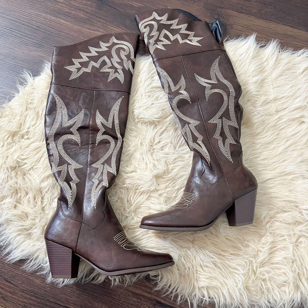 Dark Brown Flame Over The Knee Thigh High Cowgirl Western Boots EU 38 / US 7